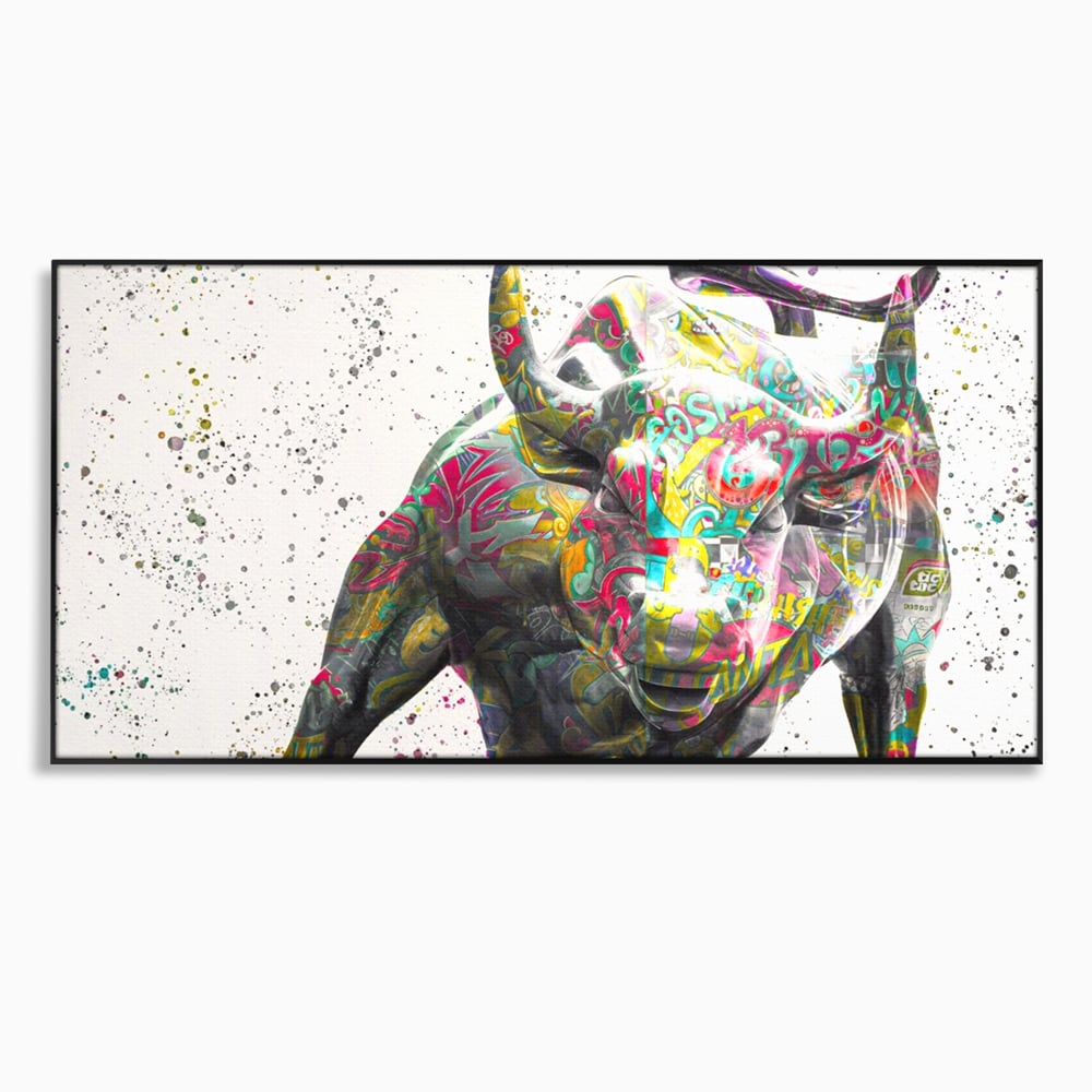 Tablou canvas cu tablou canvas cu taur colorat, in rama de aluminiu negru